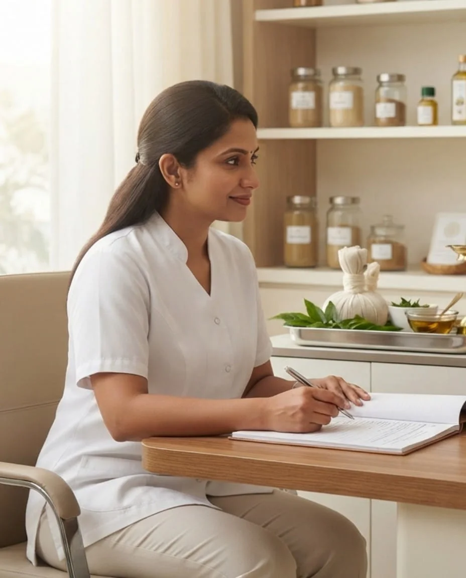 Patient consultation before Patra Pinda Sweda Ayurvedic therapy in JVC