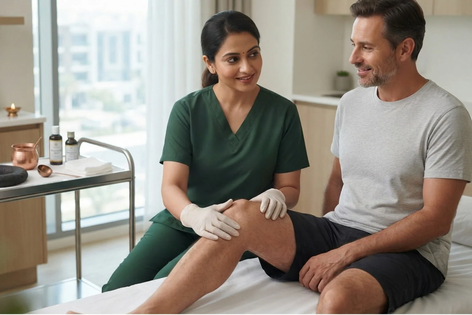 Ayurvedic consultation and knee assessment for Janu Basti treatment at Vedara Care