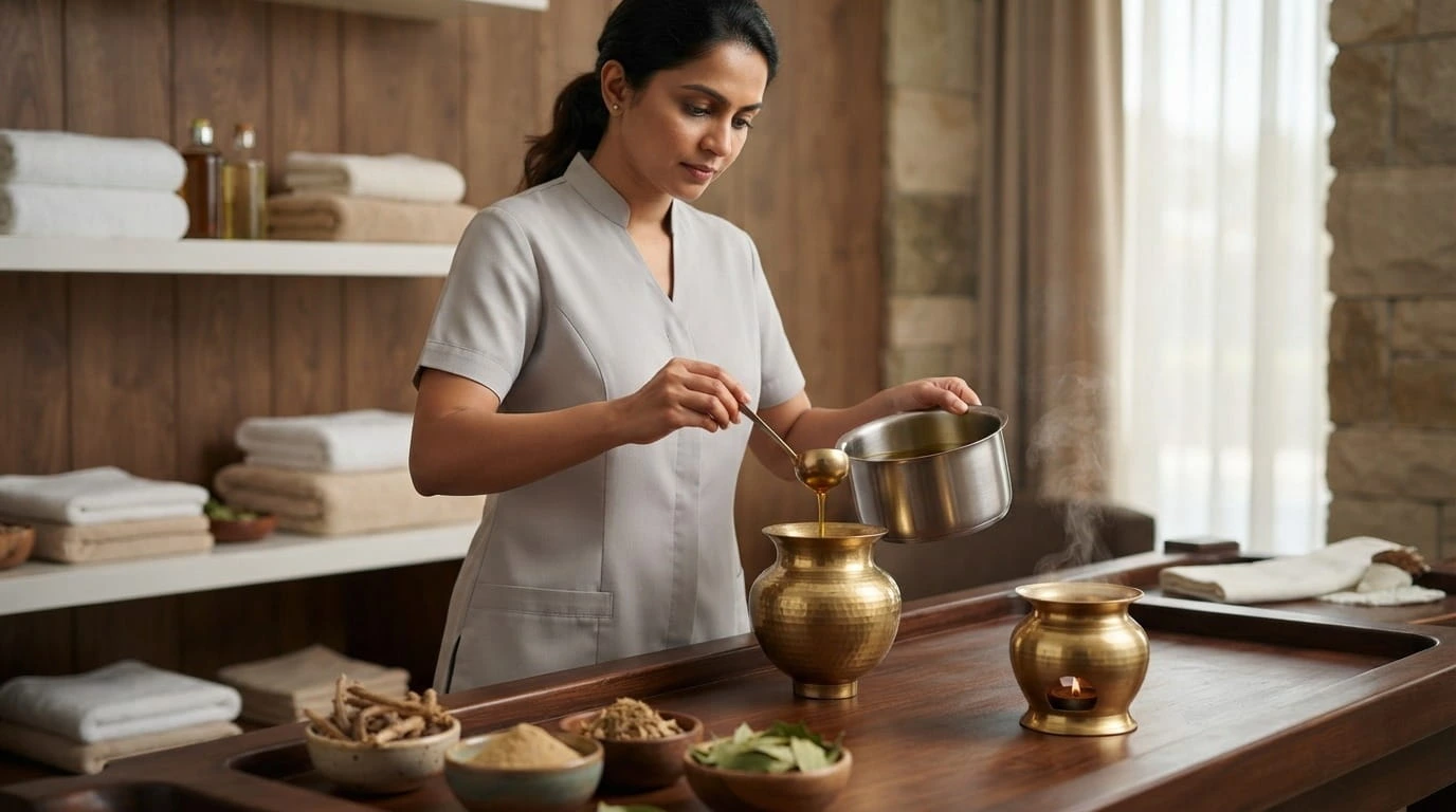 Ayurvedic practitioner preparing medicated oil for Pizhichil therapy in JVC