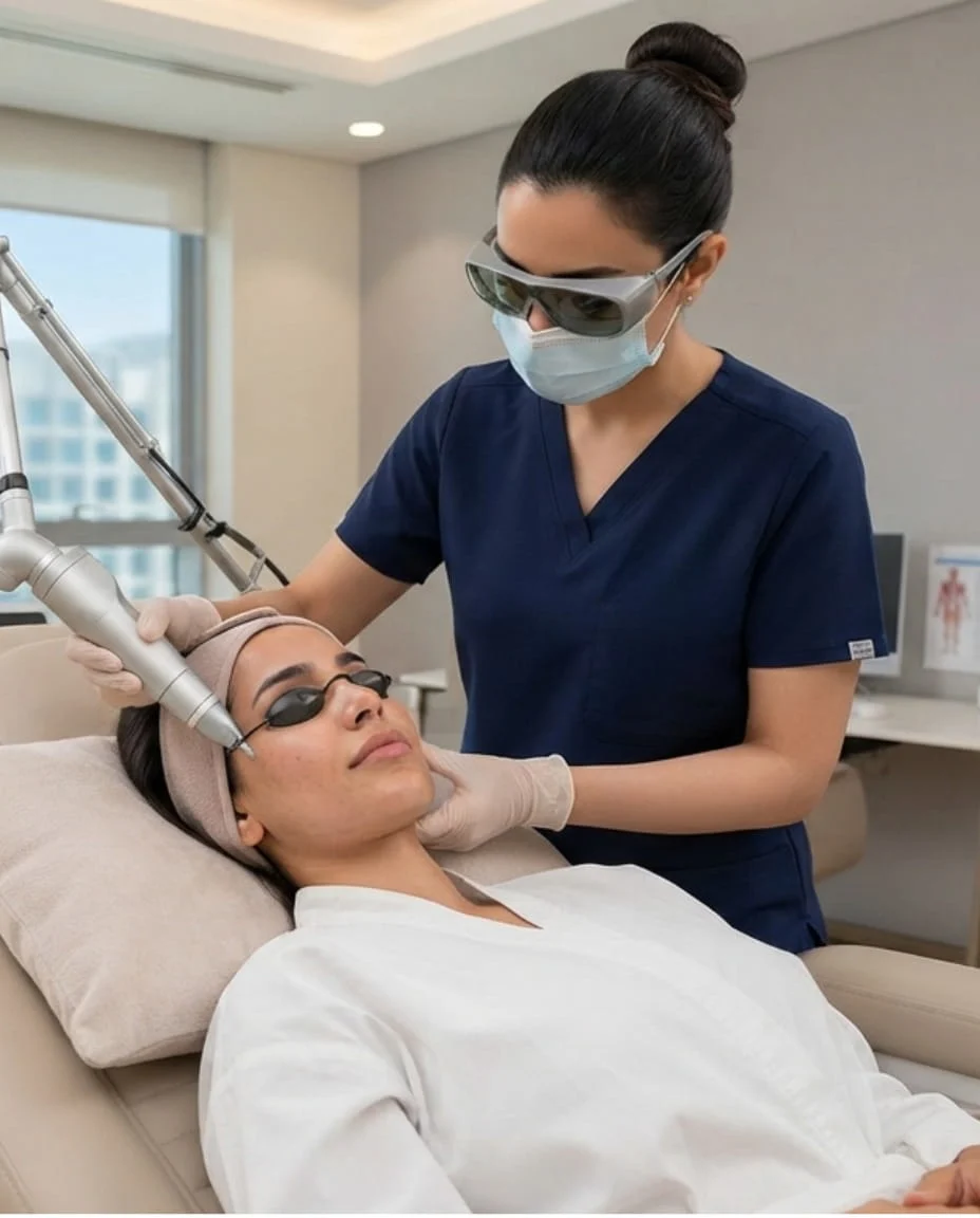 Dermatologist performing laser skin resurfacing treatment at JVC clinic