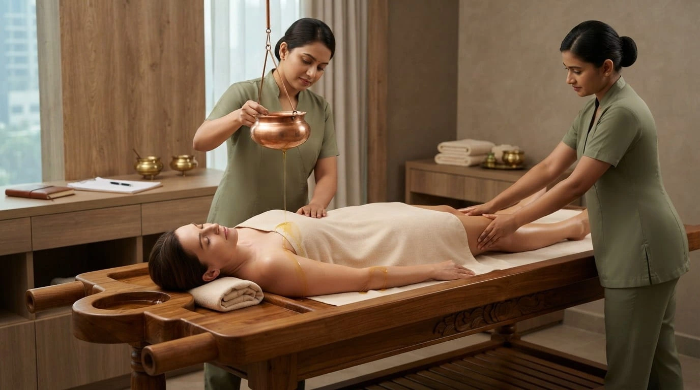 Practitioner performing controlled warm oil pouring during Pizhichil therapy