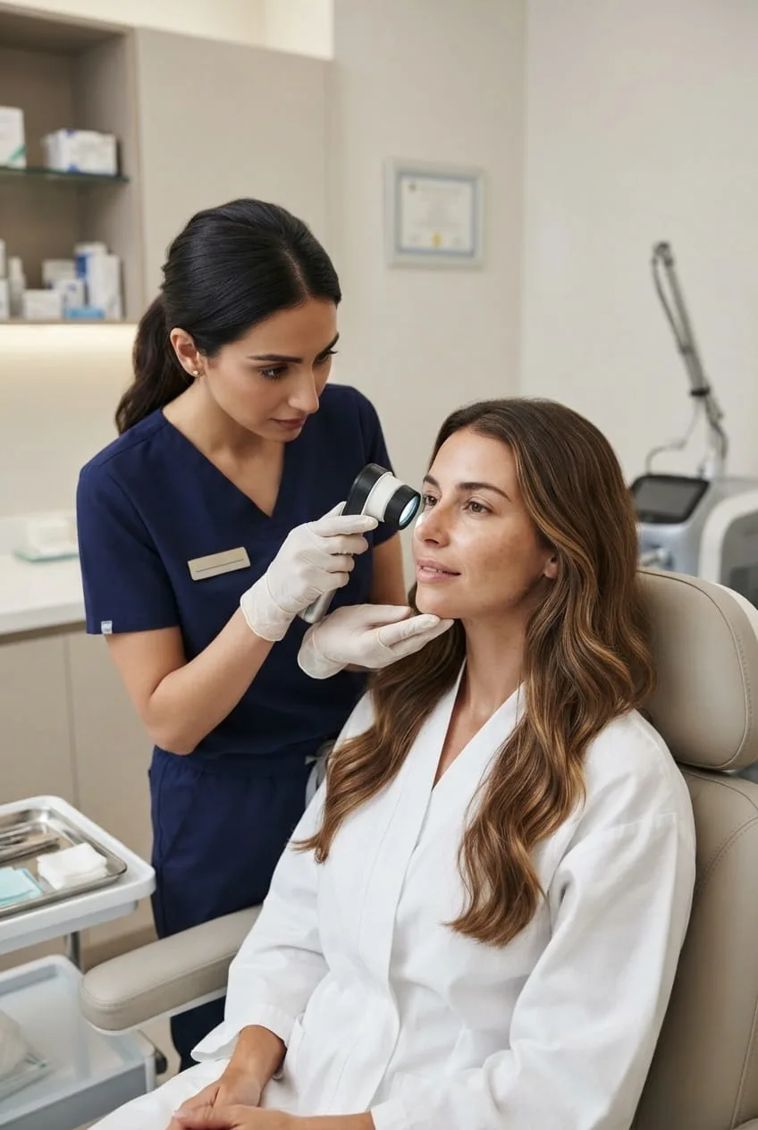 Dermatologist assessing pigmentation type before treatment