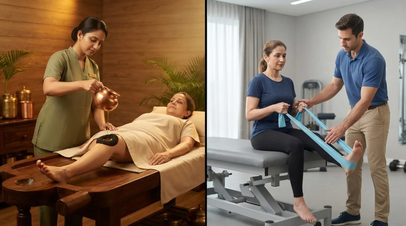 Side-by-side concept of Janu Basti Ayurvedic therapy versus physiotherapy rehabilitation for knee concerns