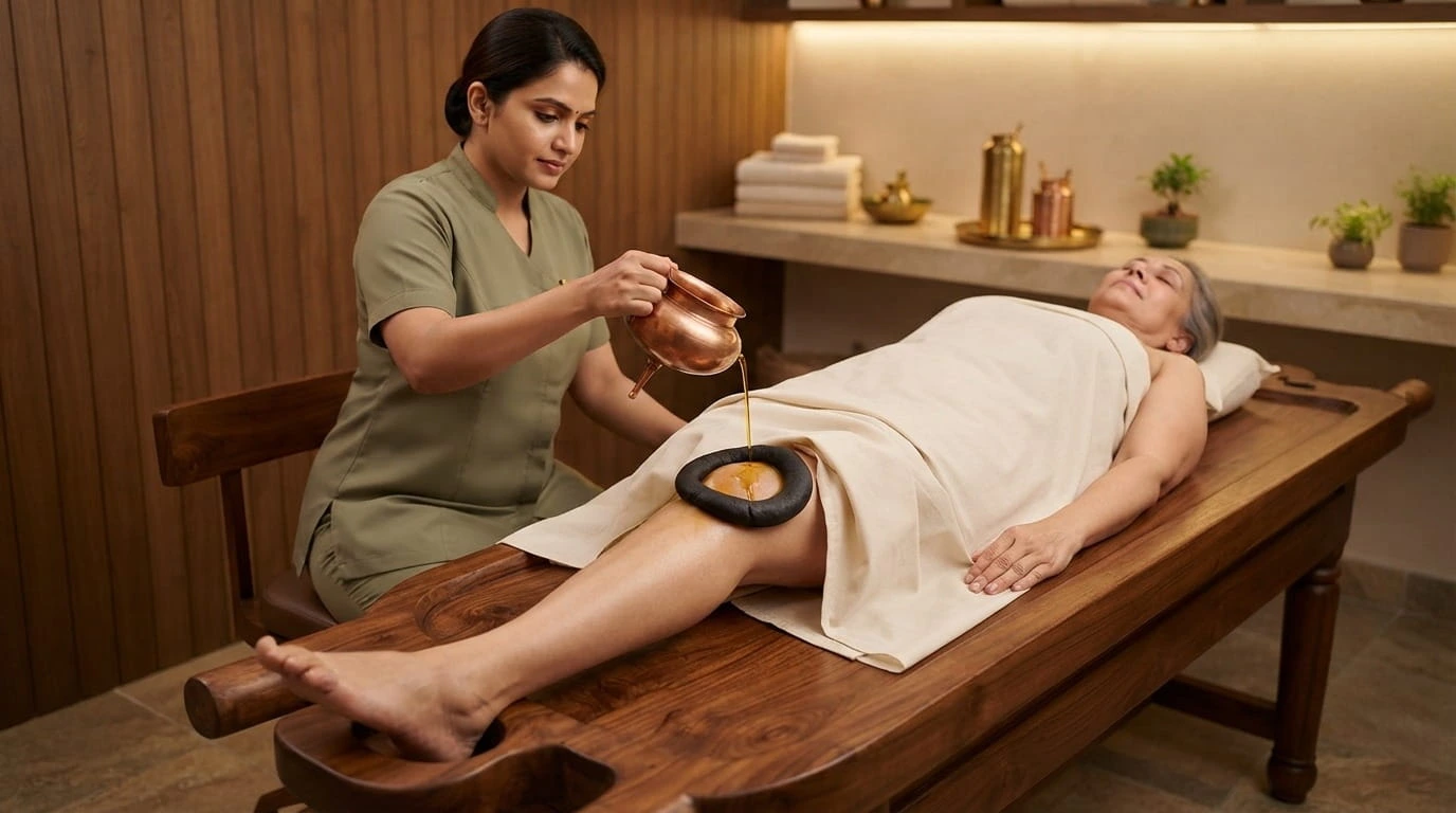 Janu Basti Ayurvedic warm-oil knee therapy being prepared at a JVC clinic