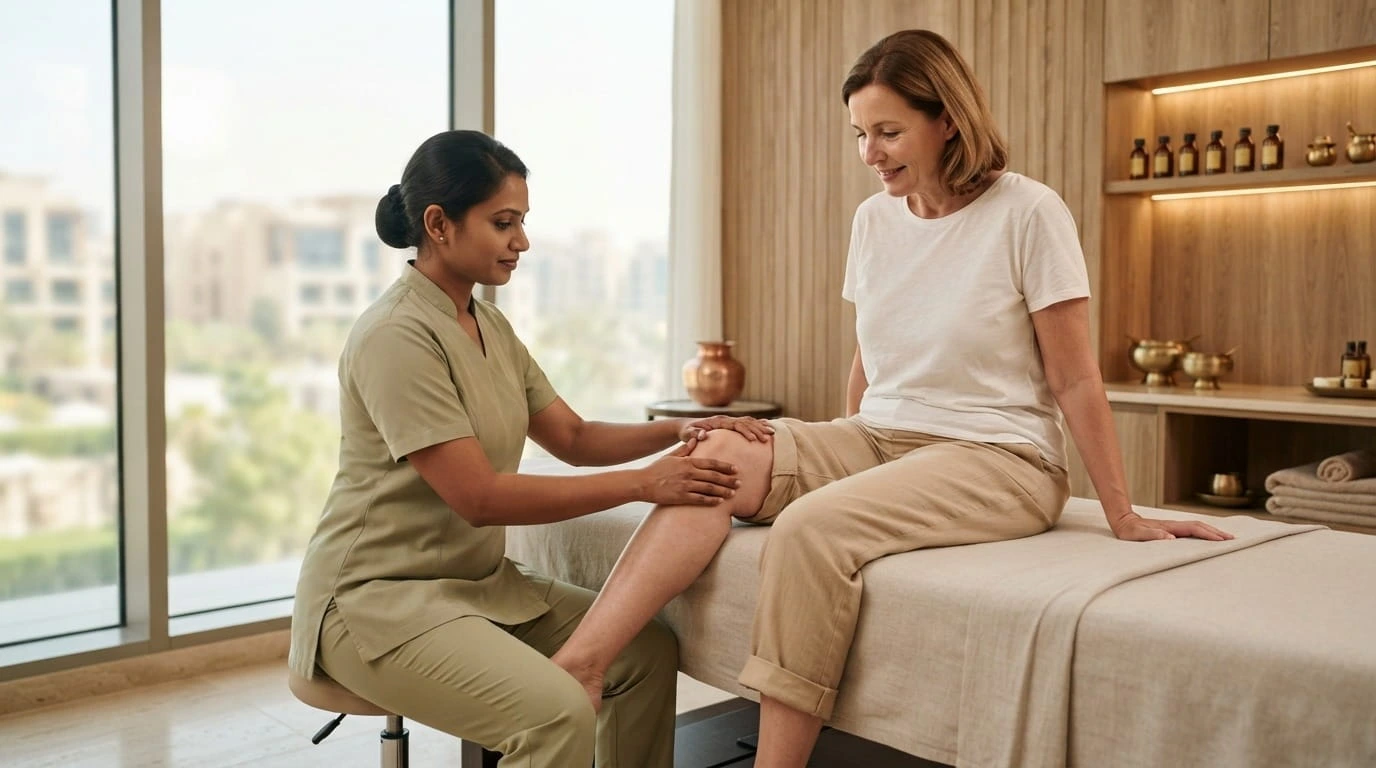 Ayurvedic practitioner assessing knee concerns before Janu Basti treatment