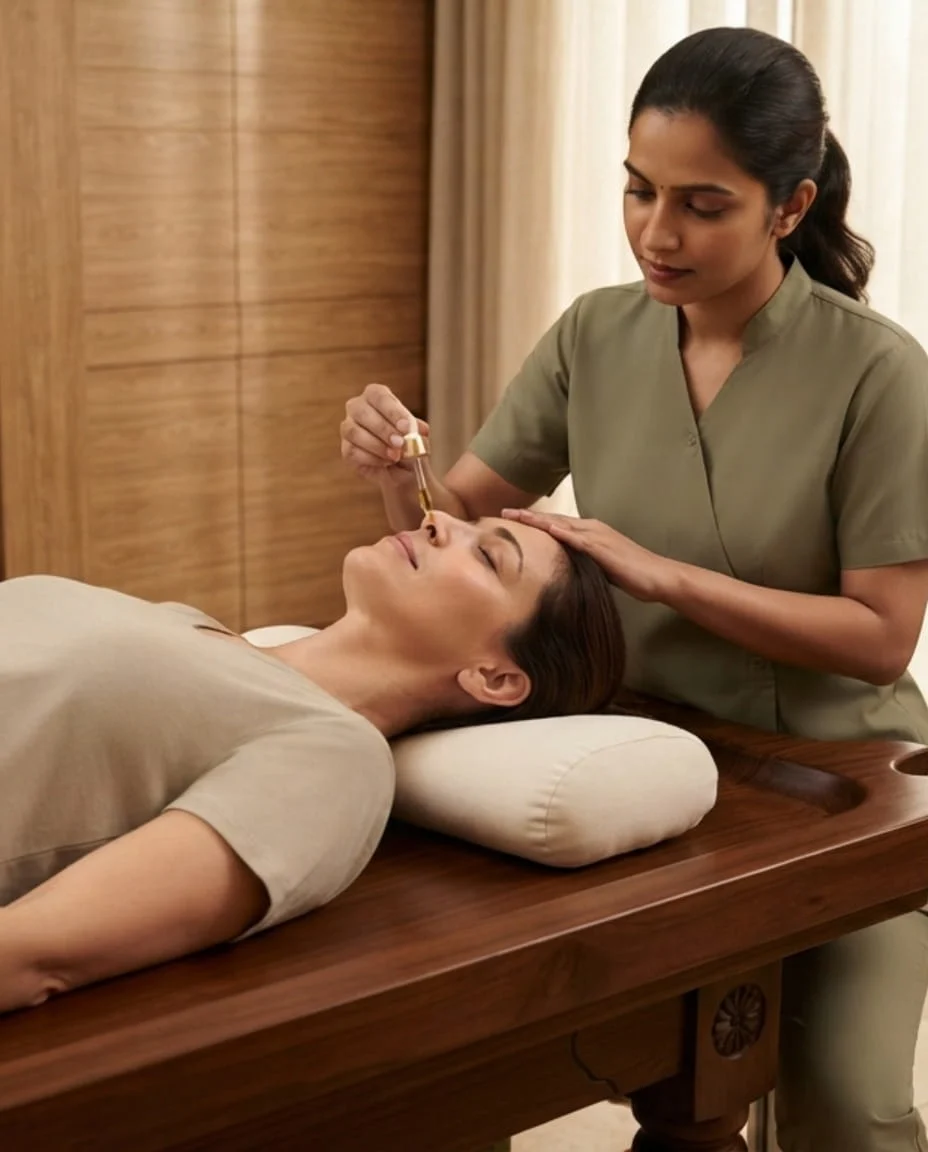 Nasya Ayurvedic nasal therapy being prepared at a JVC clinic