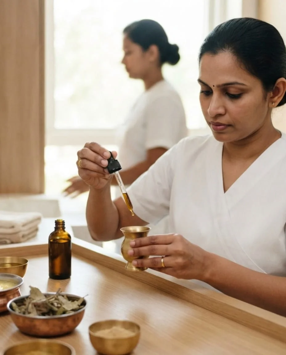 Preparation of an Ayurvedic Nasya treatment at Vedara Care Polyclinic