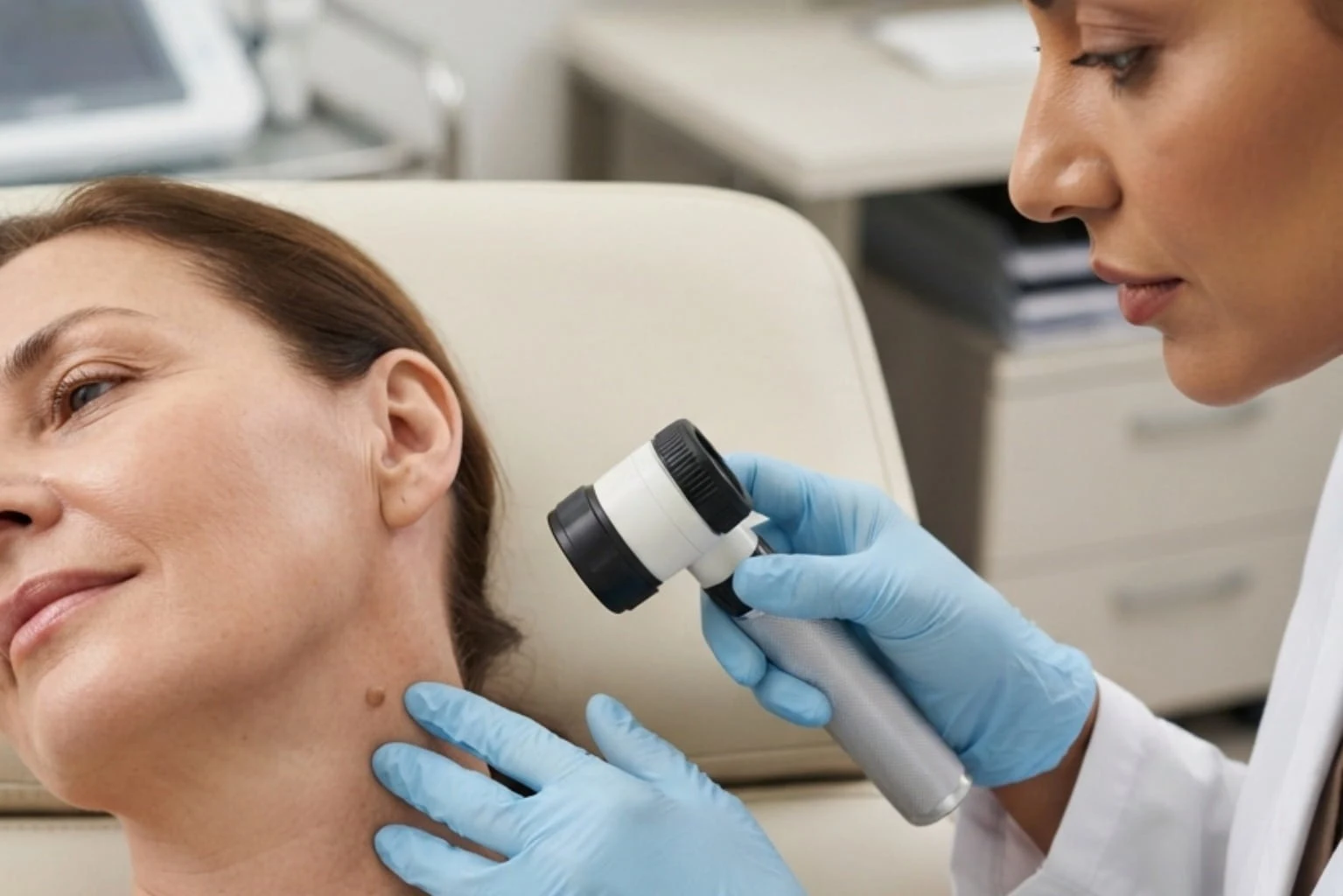 neck skin tag assessment at JVC dermatology clinic