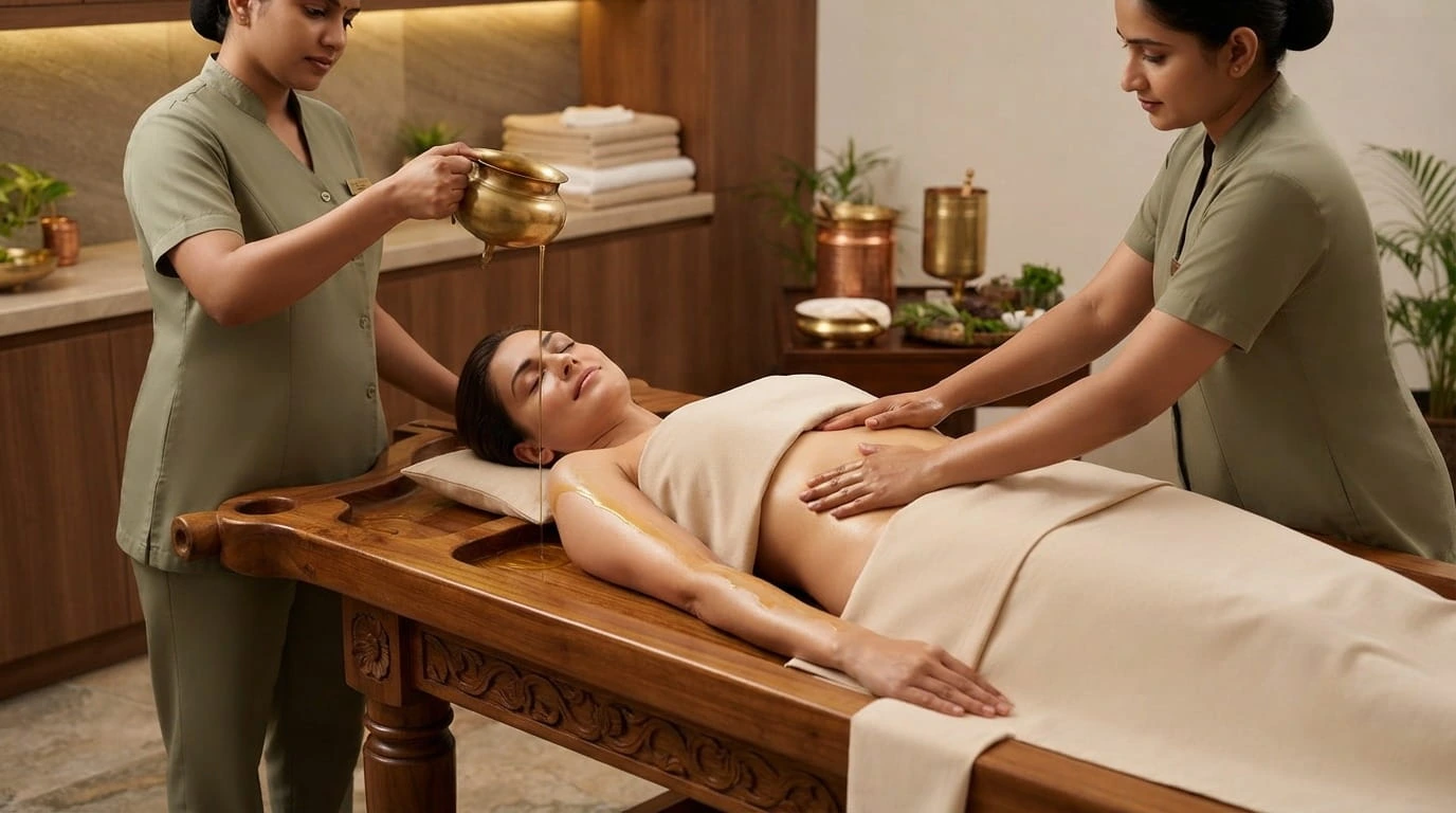 Patient receiving Pizhichil warm oil therapy at a JVC Ayurveda clinic