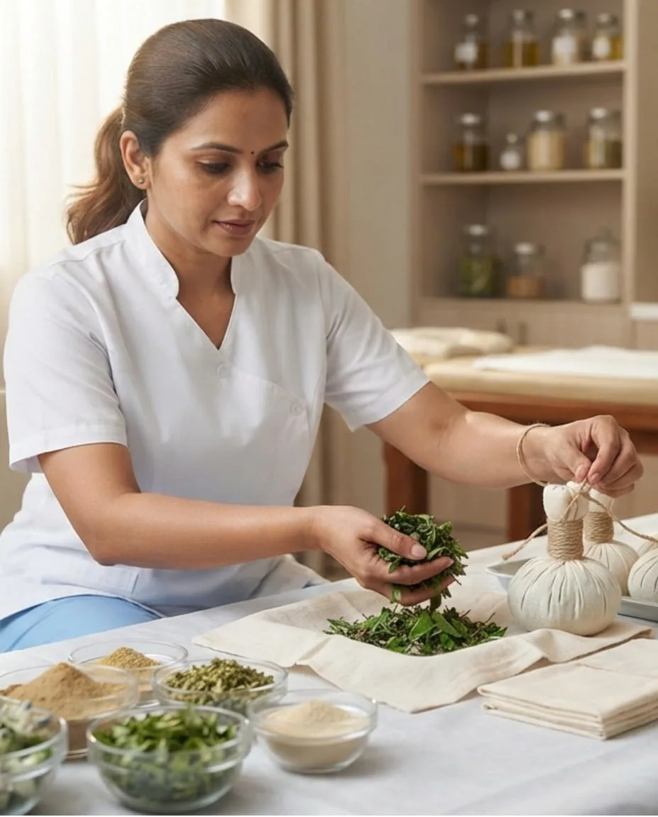 Patra Pinda Sweda Ayurvedic herbal bolus therapy being prepared at Vedara Care Polyclinic in JVC