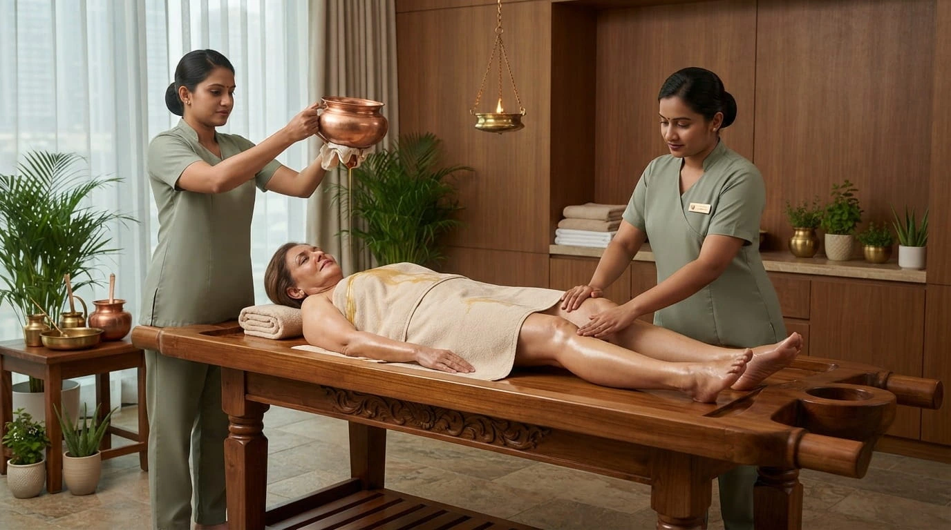 Pizhichil therapy setup at Vedara Care Polyclinic in JVC