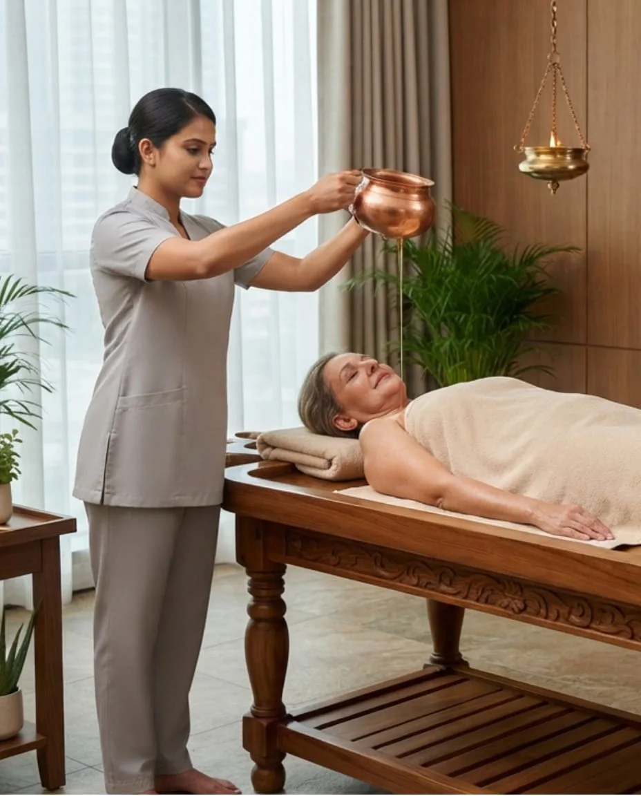 Treatment room set up for Pizhichil therapy at an Ayurveda clinic in JVC