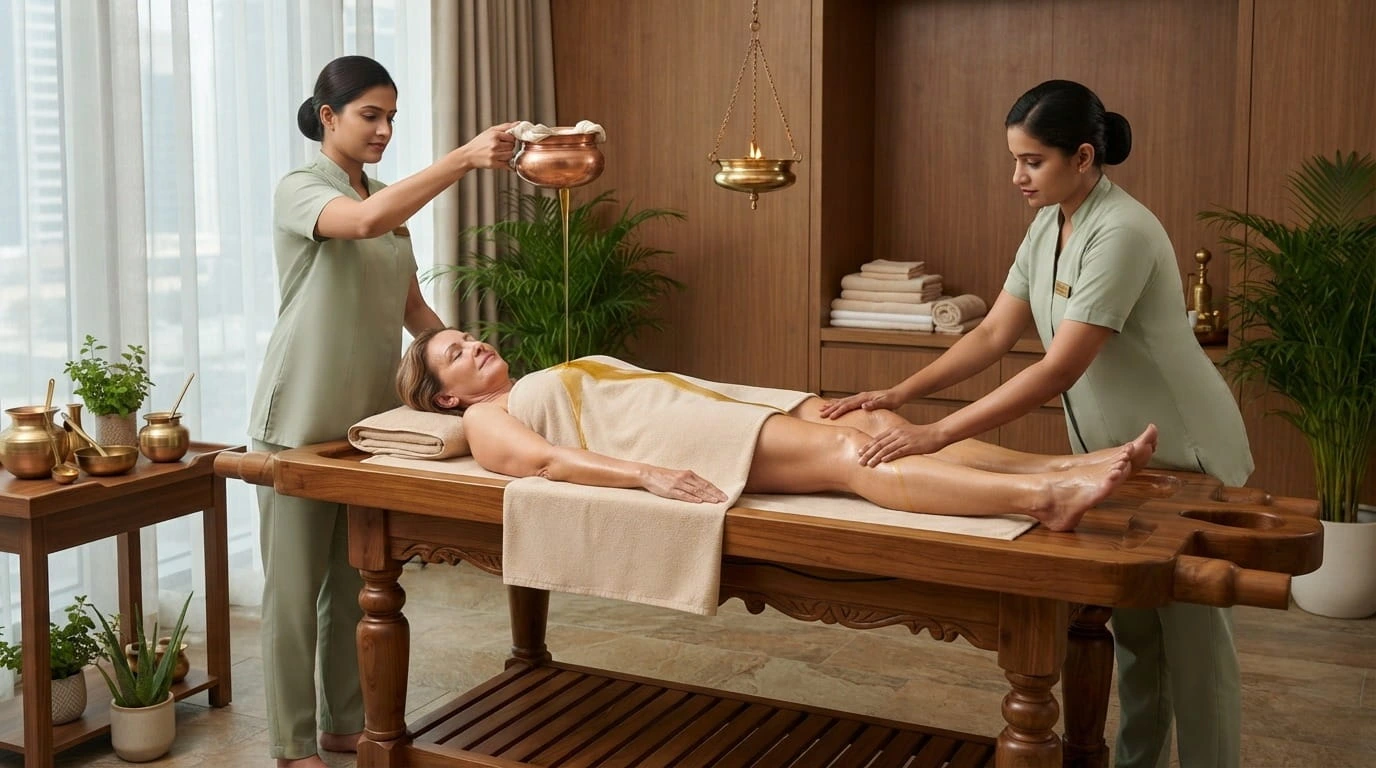 Treatment room set up for Pizhichil therapy at an Ayurveda clinic in JVC