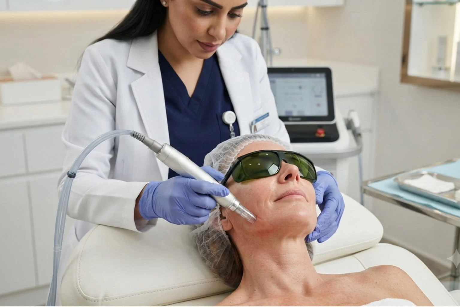 RF microneedling procedure being performed in a professional treatment setting