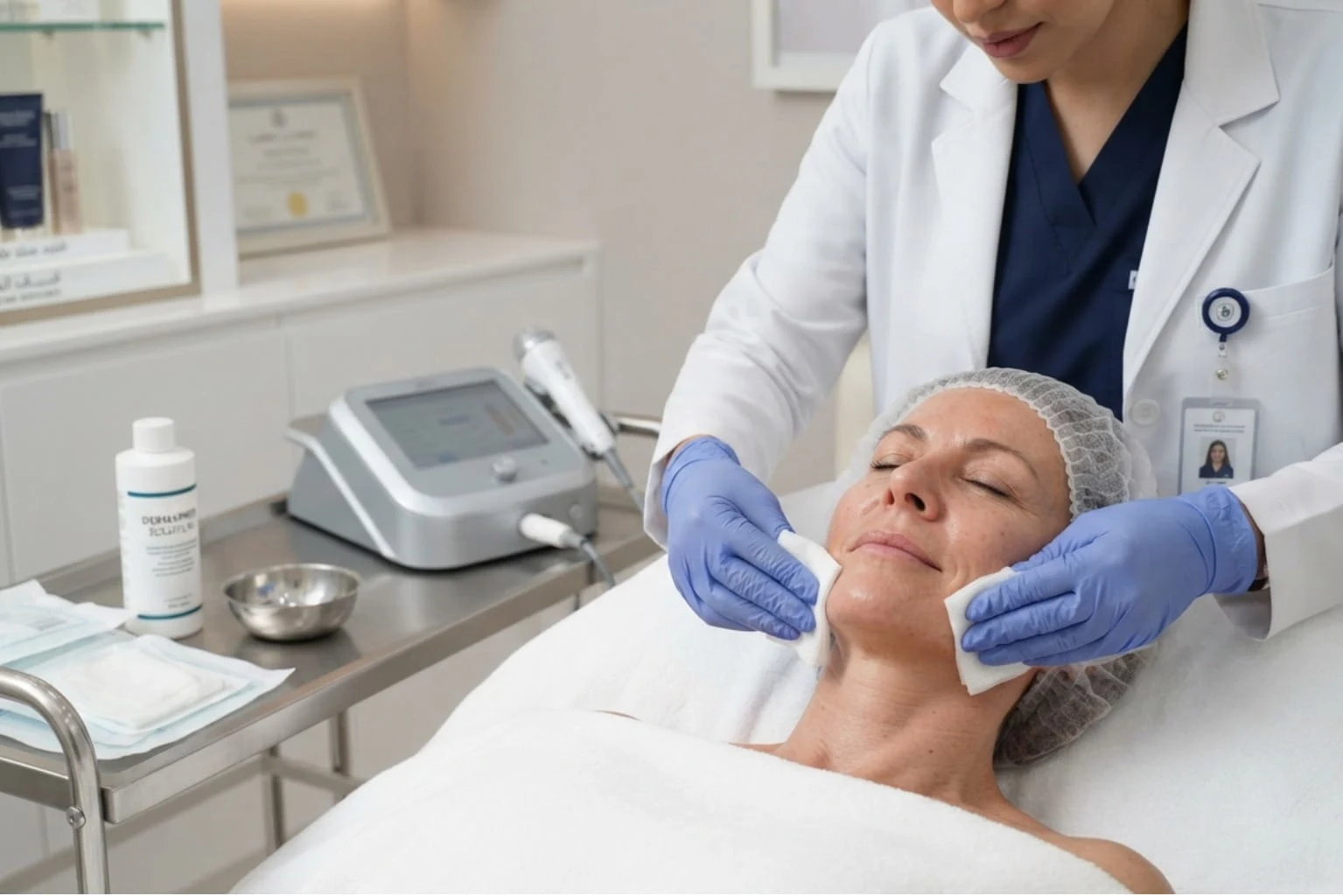 Skin being prepared before an RF microneedling treatment