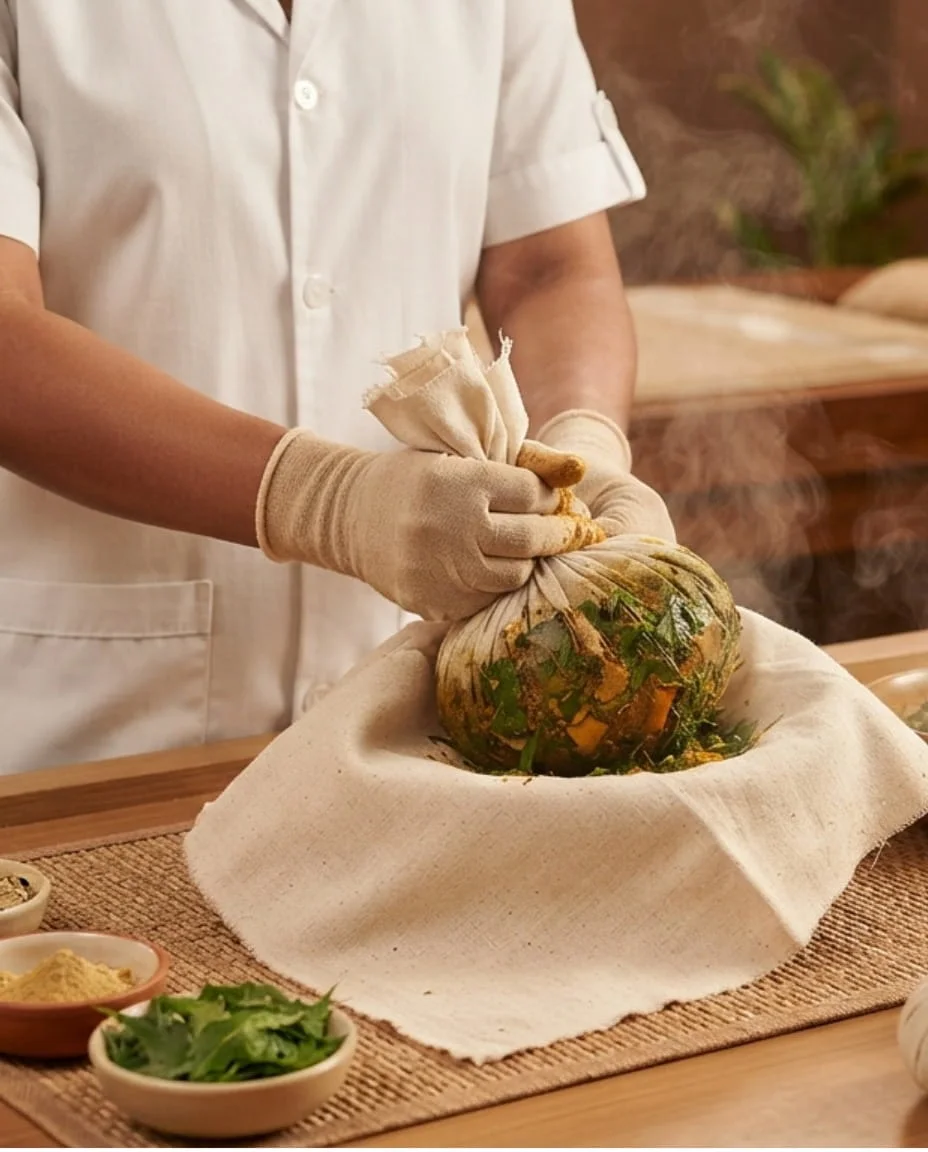 Warm herbal bolus being prepared for Ayurvedic fomentation therapy