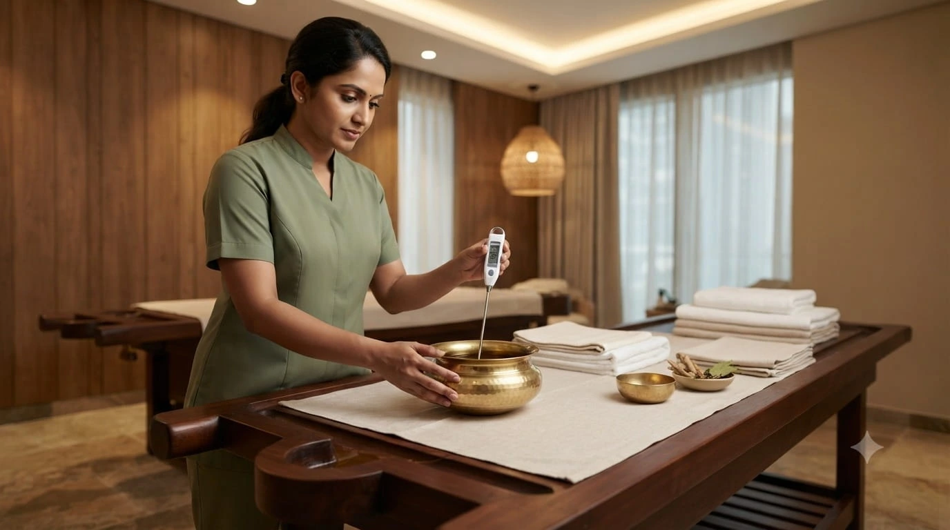 Warm oil being prepared safely for Ayurvedic Pizhichil therapy