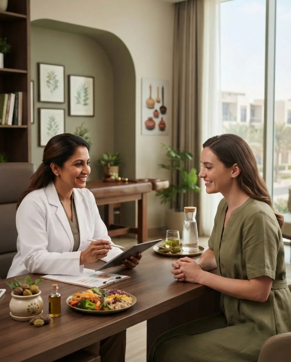 Ayurvedic doctor in weight loss consultation reviewing lab results with patient at Vedara Care JVC Dubai